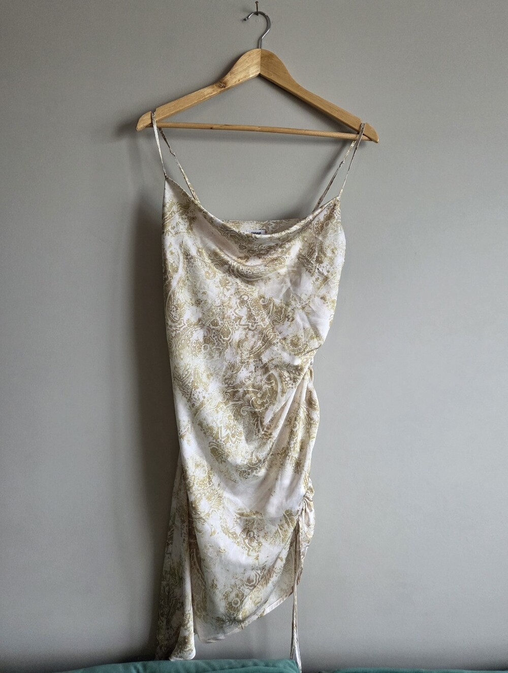 Garage Y2k Inspired Satin Paisley Mini Dress Side Ruched Cowl Neck Slip Strap